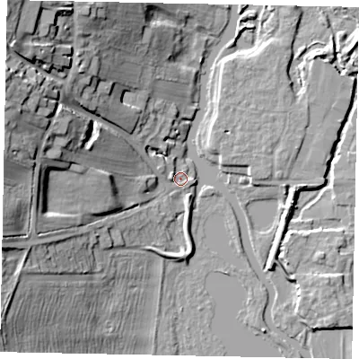 Shaded relief map of the ground around NN143JU, computed from Environment Agency LiDAR. The ground here sits at about 30 m above sea level and falls 27 m across the surrounding 800 m. Surface water reaching this point runs off ground lying to the north-west, 24.9 m higher.
