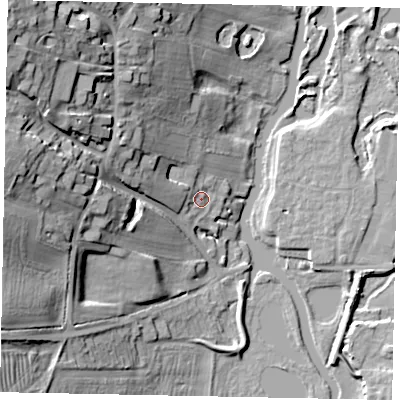 Shaded relief map of the ground around NN143LF, computed from Environment Agency LiDAR. The ground here sits at about 33 m above sea level and falls 33 m across the surrounding 800 m. Surface water reaching this point runs off ground lying to the west-north-west, 4.8 m higher.
