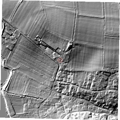 Shaded relief map of the ground around NN144AT, computed from Environment Agency LiDAR. The ground here sits at about 46 m above sea level and falls 31 m across the surrounding 800 m. Surface water reaching this point runs off ground lying to the north-east, 11.7 m higher.