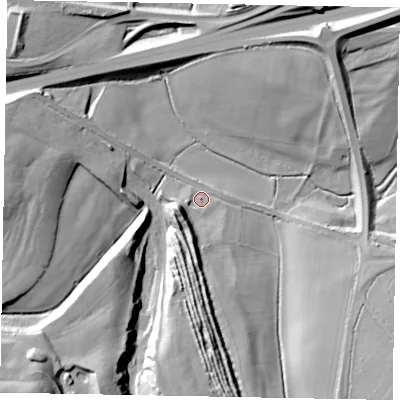 Shaded relief map of the ground around NN144AW, computed from Environment Agency LiDAR. The ground here sits at about 57 m above sea level and falls 37 m across the surrounding 800 m. Surface water reaching this point runs off ground lying to the south, 16.0 m higher.