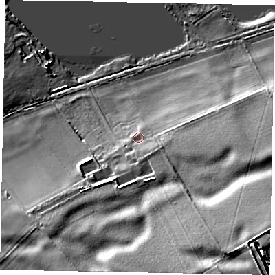 Shaded relief map of the ground around NN144DT, computed from Environment Agency LiDAR. The ground here sits at about 40 m above sea level and falls 31 m across the surrounding 800 m. Surface water reaching this point runs off ground lying to the south-east, 6.6 m higher.