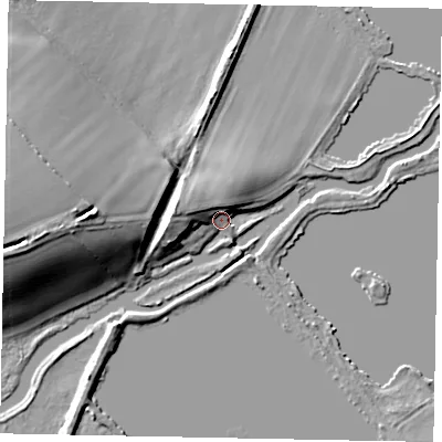 Shaded relief map of the ground around NN144DU, computed from Environment Agency LiDAR. The ground here sits at about 33 m above sea level and falls 20 m across the surrounding 800 m. Surface water reaching this point runs off ground lying to the west, 9.6 m higher.
