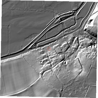 Shaded relief map of the ground around NN144ED, computed from Environment Agency LiDAR. The ground here sits at about 31 m above sea level and falls 30 m across the surrounding 800 m. Surface water reaching this point runs off ground lying to the south-south-east, 26.8 m higher.