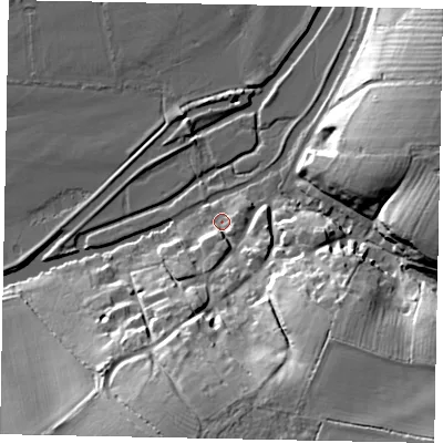 Shaded relief map of the ground around NN144EH, computed from Environment Agency LiDAR. The ground here sits at about 32 m above sea level and falls 31 m across the surrounding 800 m. Surface water reaching this point runs off ground lying to the south, 4.9 m higher.