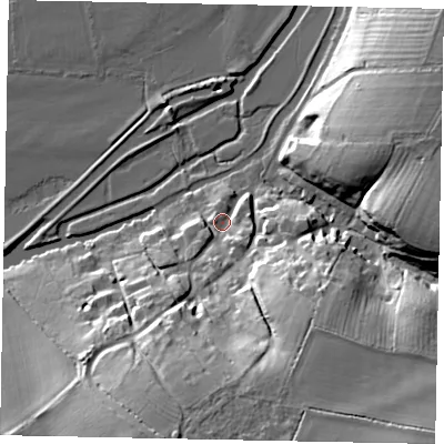 Shaded relief map of the ground around NN144EQ, computed from Environment Agency LiDAR. The ground here sits at about 34 m above sea level and falls 32 m across the surrounding 800 m. Surface water reaching this point runs off ground lying to the south-east, 26.7 m higher.