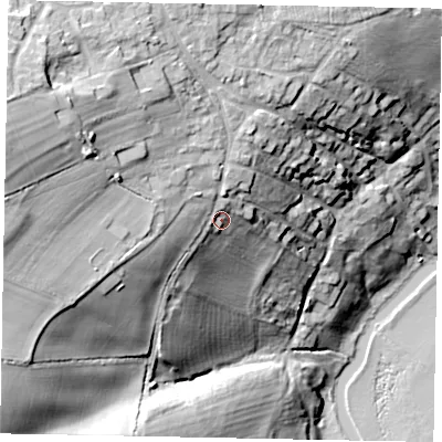 Shaded relief map of the ground around NN144ES, computed from Environment Agency LiDAR. The ground here sits at about 59 m above sea level and falls 47 m across the surrounding 800 m. Surface water reaching this point runs off ground lying to the west-north-west, 13.6 m higher.