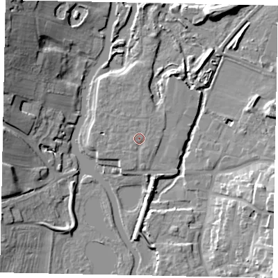 Shaded relief map of the ground around NN144FD, computed from Environment Agency LiDAR. The ground here sits at about 31 m above sea level and falls 18 m across the surrounding 800 m. Surface water reaching this point runs off ground lying to the south-south-west, 0.6 m higher.