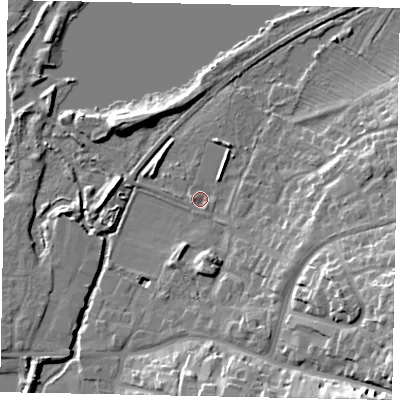 Shaded relief map of the ground around NN144GD, computed from Environment Agency LiDAR. The ground here sits at about 29 m above sea level and falls 18 m across the surrounding 800 m. Surface water reaching this point runs off ground lying to the north-north-east, 2.3 m higher.