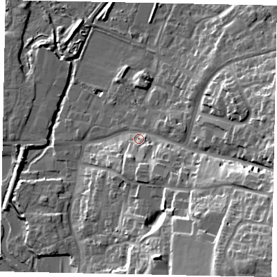 Shaded relief map of the ground around NN144JH, computed from Environment Agency LiDAR. The ground here sits at about 32 m above sea level and falls 29 m across the surrounding 800 m. Surface water reaching this point runs off ground lying to the south-east, 25.5 m higher.