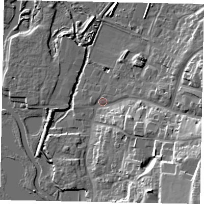 Shaded relief map of the ground around NN144JJ, computed from Environment Agency LiDAR. The ground here sits at about 30 m above sea level and falls 28 m across the surrounding 800 m. Surface water reaching this point runs off ground lying to the south-east, 23.2 m higher.