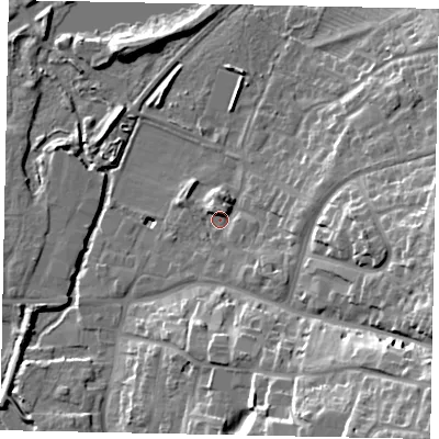 Shaded relief map of the ground around NN144JL, computed from Environment Agency LiDAR. The ground here sits at about 30 m above sea level and falls 25 m across the surrounding 800 m. Surface water reaching this point runs off ground lying to the south-east, 3.9 m higher.