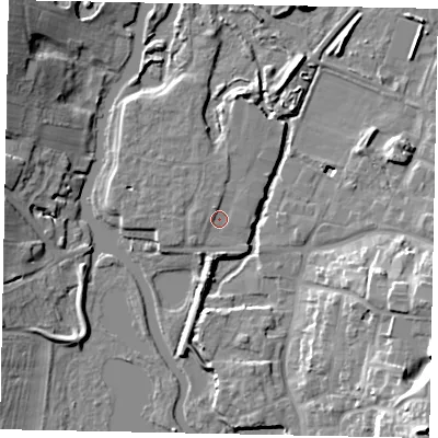 Shaded relief map of the ground around NN144JP, computed from Environment Agency LiDAR. The ground here sits at about 30 m above sea level and falls 21 m across the surrounding 800 m. Surface water reaching this point runs off ground lying to the north-north-west, 1.5 m higher.