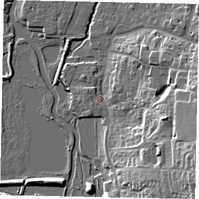 Shaded relief map of the ground around NN144JR, computed from Environment Agency LiDAR. The ground here sits at about 31 m above sea level and falls 26 m across the surrounding 800 m. Surface water reaching this point runs off ground lying to the east-south-east, 23.2 m higher.