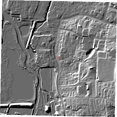 Shaded relief map of the ground around NN144JS, computed from Environment Agency LiDAR. The ground here sits at about 32 m above sea level and falls 28 m across the surrounding 800 m. Surface water reaching this point runs off ground lying to the east-south-east, 24.6 m higher.