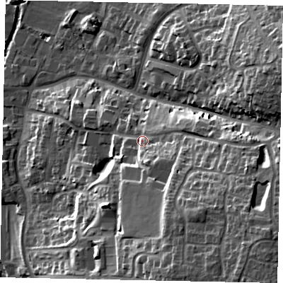Shaded relief map of the ground around NN144JU, computed from Environment Agency LiDAR. The ground here sits at about 42 m above sea level and falls 33 m across the surrounding 800 m. Surface water reaching this point runs off ground lying to the south-east, 20.0 m higher.