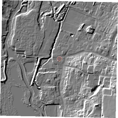 Shaded relief map of the ground around NN144JW, computed from Environment Agency LiDAR. The ground here sits at about 30 m above sea level and falls 24 m across the surrounding 800 m. The ground contributing surface water to this point lies to the west-north-west.
