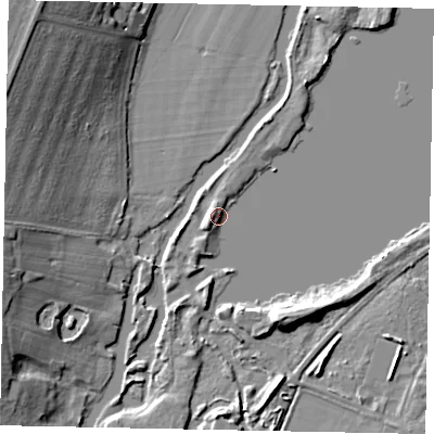 Shaded relief map of the ground around NN144LU, computed from Environment Agency LiDAR. The ground here sits at about 29 m above sea level and falls 17 m across the surrounding 800 m. Surface water reaching this point runs off ground lying to the south-south-east, 7.9 m higher.