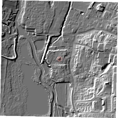 Shaded relief map of the ground around NN144LY, computed from Environment Agency LiDAR. The ground here sits at about 32 m above sea level and falls 23 m across the surrounding 800 m. Surface water reaching this point runs off ground lying to the south-south-east, 2.0 m higher.