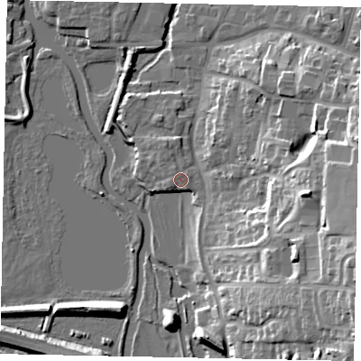 Shaded relief map of the ground around NN144PH, computed from Environment Agency LiDAR. The ground here sits at about 32 m above sea level and falls 25 m across the surrounding 800 m. Surface water reaching this point runs off ground lying to the west, 0.7 m higher.