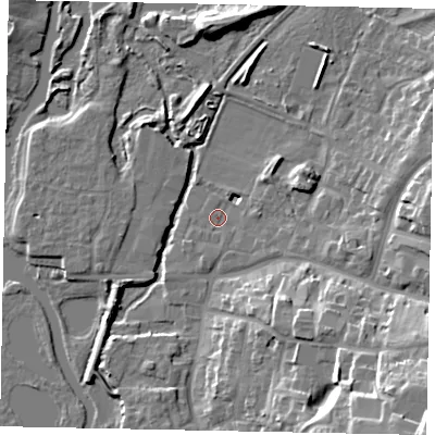Shaded relief map of the ground around NN144PL, computed from Environment Agency LiDAR. The ground here sits at about 29 m above sea level and falls 25 m across the surrounding 800 m. Surface water reaching this point runs off ground lying to the south-east, 18.2 m higher.
