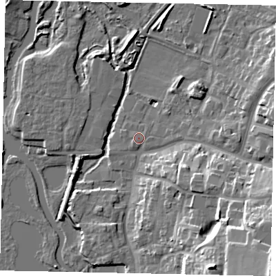 Shaded relief map of the ground around NN144PS, computed from Environment Agency LiDAR. The ground here sits at about 30 m above sea level and falls 27 m across the surrounding 800 m. Surface water reaching this point runs off ground lying to the south-east, 17.8 m higher.