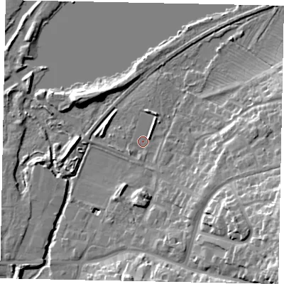Shaded relief map of the ground around NN144QL, computed from Environment Agency LiDAR. The ground here sits at about 29 m above sea level and falls 19 m across the surrounding 800 m. Surface water reaching this point runs off ground lying to the south-east, 1.7 m higher.