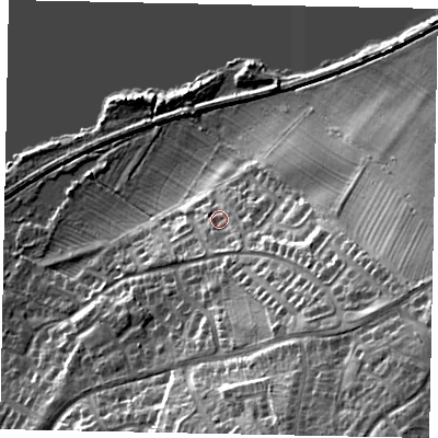 Shaded relief map of the ground around NN144TF, computed from Environment Agency LiDAR. The ground here sits at about 35 m above sea level and falls 32 m across the surrounding 800 m. Surface water reaching this point runs off ground lying to the south-south-east, 5.2 m higher.