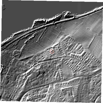 Shaded relief map of the ground around NN144TG, computed from Environment Agency LiDAR. The ground here sits at about 34 m above sea level and falls 32 m across the surrounding 800 m. Surface water reaching this point runs off ground lying to the east-south-east, 7.2 m higher.