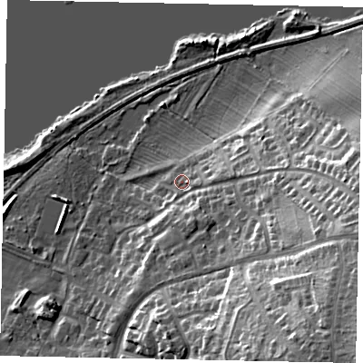 Shaded relief map of the ground around NN144TH, computed from Environment Agency LiDAR. The ground here sits at about 31 m above sea level and falls 27 m across the surrounding 800 m. Surface water reaching this point runs off ground lying to the east-south-east, 21.8 m higher.