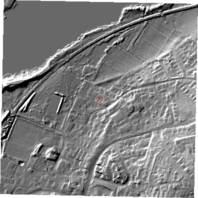 Shaded relief map of the ground around NN144TP, computed from Environment Agency LiDAR. The ground here sits at about 30 m above sea level and falls 26 m across the surrounding 800 m. Surface water reaching this point runs off ground lying to the east, 2.4 m higher.