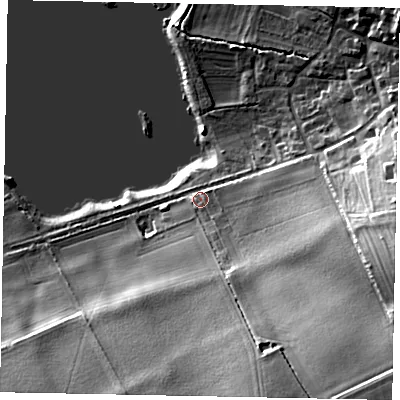 Shaded relief map of the ground around NN144TU, computed from Environment Agency LiDAR. The ground here sits at about 36 m above sea level and falls 30 m across the surrounding 800 m. Surface water reaching this point runs off ground lying to the south-east, 26.4 m higher.