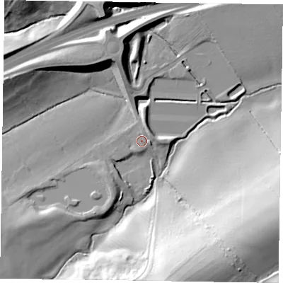 Shaded relief map of the ground around NN146AA, computed from Environment Agency LiDAR. The ground here sits at about 101 m above sea level and falls 33 m across the surrounding 800 m. Surface water reaching this point runs off ground lying to the north-north-west, 0.5 m higher.