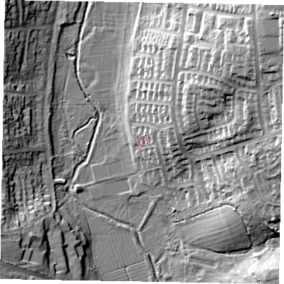 Shaded relief map of the ground around NN155BN, computed from Environment Agency LiDAR. The ground here sits at about 62 m above sea level and falls 24 m across the surrounding 800 m. Surface water reaching this point runs off ground lying to the north-east, 3.4 m higher.