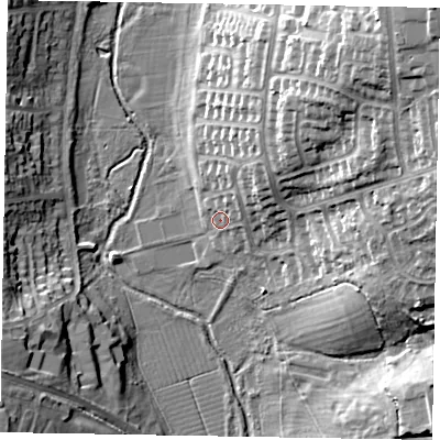 Shaded relief map of the ground around NN155DJ, computed from Environment Agency LiDAR. The ground here sits at about 61 m above sea level and falls 24 m across the surrounding 800 m. Surface water reaching this point runs off ground lying to the north-east, 3.6 m higher.