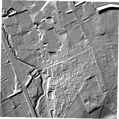 Shaded relief map of the ground around NN155NT, computed from Environment Agency LiDAR. The ground here sits at about 63 m above sea level and falls 33 m across the surrounding 800 m. Surface water reaching this point runs off ground lying to the east-north-east, 13.4 m higher.