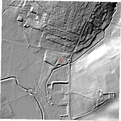 Shaded relief map of the ground around NN155PP, computed from Environment Agency LiDAR. The ground here sits at about 54 m above sea level and falls 20 m across the surrounding 800 m. Surface water reaching this point runs off ground lying to the north-north-east, 1.0 m higher.