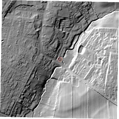 Shaded relief map of the ground around NN155PU, computed from Environment Agency LiDAR. The ground here sits at about 58 m above sea level and falls 25 m across the surrounding 800 m. Surface water reaching this point runs off ground lying to the east-south-east, 21.1 m higher.