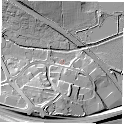 Shaded relief map of the ground around NN156FD, computed from Environment Agency LiDAR. The ground here sits at about 58 m above sea level and falls 28 m across the surrounding 800 m. Surface water reaching this point runs off ground lying to the south-east, 6.3 m higher.