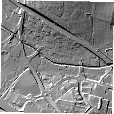 Shaded relief map of the ground around NN156GA, computed from Environment Agency LiDAR. The ground here sits at about 58 m above sea level and falls 23 m across the surrounding 800 m. Surface water reaching this point runs off ground lying to the north-north-east, 1.3 m higher.