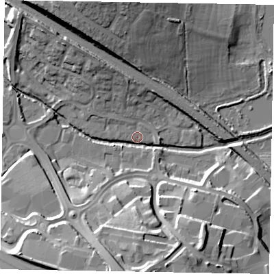 Shaded relief map of the ground around NN156GB, computed from Environment Agency LiDAR. The ground here sits at about 58 m above sea level and falls 25 m across the surrounding 800 m. Surface water reaching this point runs off ground lying to the south, 24.3 m higher.