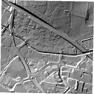 Shaded relief map of the ground around NN156GD, computed from Environment Agency LiDAR. The ground here sits at about 58 m above sea level and falls 23 m across the surrounding 800 m. Surface water reaching this point runs off ground lying to the north-north-west, 7.6 m higher.