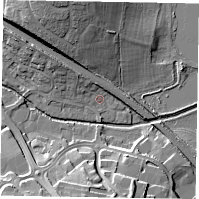 Shaded relief map of the ground around NN156GS, computed from Environment Agency LiDAR. The ground here sits at about 58 m above sea level and falls 22 m across the surrounding 800 m. Surface water reaching this point runs off ground lying to the north-west, 6.1 m higher.
