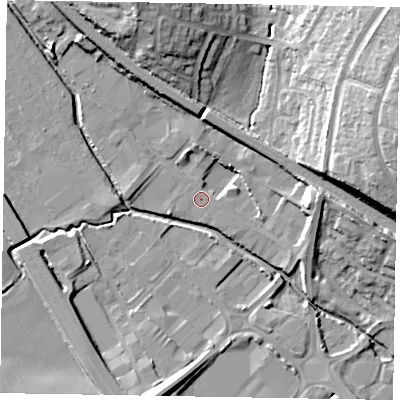 Shaded relief map of the ground around NN156JQ, computed from Environment Agency LiDAR. The ground here sits at about 59 m above sea level and falls 22 m across the surrounding 800 m. Surface water reaching this point runs off ground lying to the north-east, 18.9 m higher.