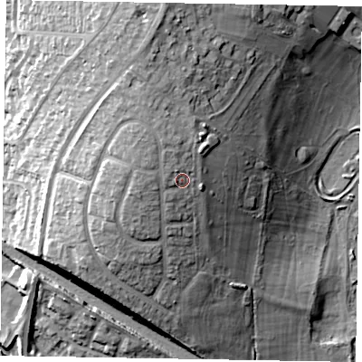 Shaded relief map of the ground around NN156LF, computed from Environment Agency LiDAR. The ground here sits at about 77 m above sea level and falls 25 m across the surrounding 800 m. Surface water reaching this point runs off ground lying to the north-west, 3.0 m higher.
