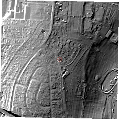 Shaded relief map of the ground around NN156LX, computed from Environment Agency LiDAR. The ground here sits at about 79 m above sea level and falls 25 m across the surrounding 800 m. Surface water reaching this point runs off ground lying to the west-north-west, 3.0 m higher.