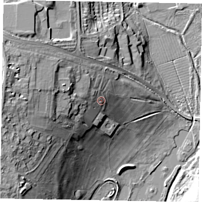 Shaded relief map of the ground around NN156NJ, computed from Environment Agency LiDAR. The ground here sits at about 71 m above sea level and falls 26 m across the surrounding 800 m. Surface water reaching this point runs off ground lying to the north-west, 5.1 m higher.