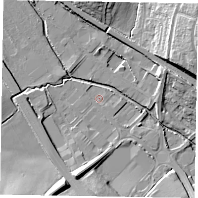 Shaded relief map of the ground around NN156NL, computed from Environment Agency LiDAR. The ground here sits at about 59 m above sea level and falls 21 m across the surrounding 800 m. Surface water reaching this point runs off ground lying to the south-south-west, 12.0 m higher.