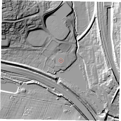 Shaded relief map of the ground around NN156PB, computed from Environment Agency LiDAR. The ground here sits at about 63 m above sea level and falls 30 m across the surrounding 800 m. The ground contributing surface water to this point lies to the north-north-west.