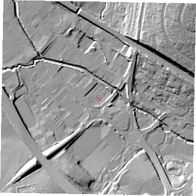 Shaded relief map of the ground around NN156PE, computed from Environment Agency LiDAR. The ground here sits at about 58 m above sea level and falls 23 m across the surrounding 800 m. Surface water reaching this point runs off ground lying to the south-south-west, 5.5 m higher.