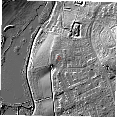 Shaded relief map of the ground around NN156WP, computed from Environment Agency LiDAR. The ground here sits at about 69 m above sea level and falls 29 m across the surrounding 800 m. Surface water reaching this point runs off ground lying to the east, 2.2 m higher.